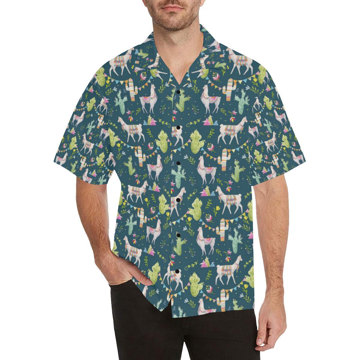 Llama with Cactus Design Print Men Aloha Hawaiian Shirt