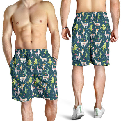 Llama with Cactus Design Print Mens Shorts-JTAMIGO.COM
