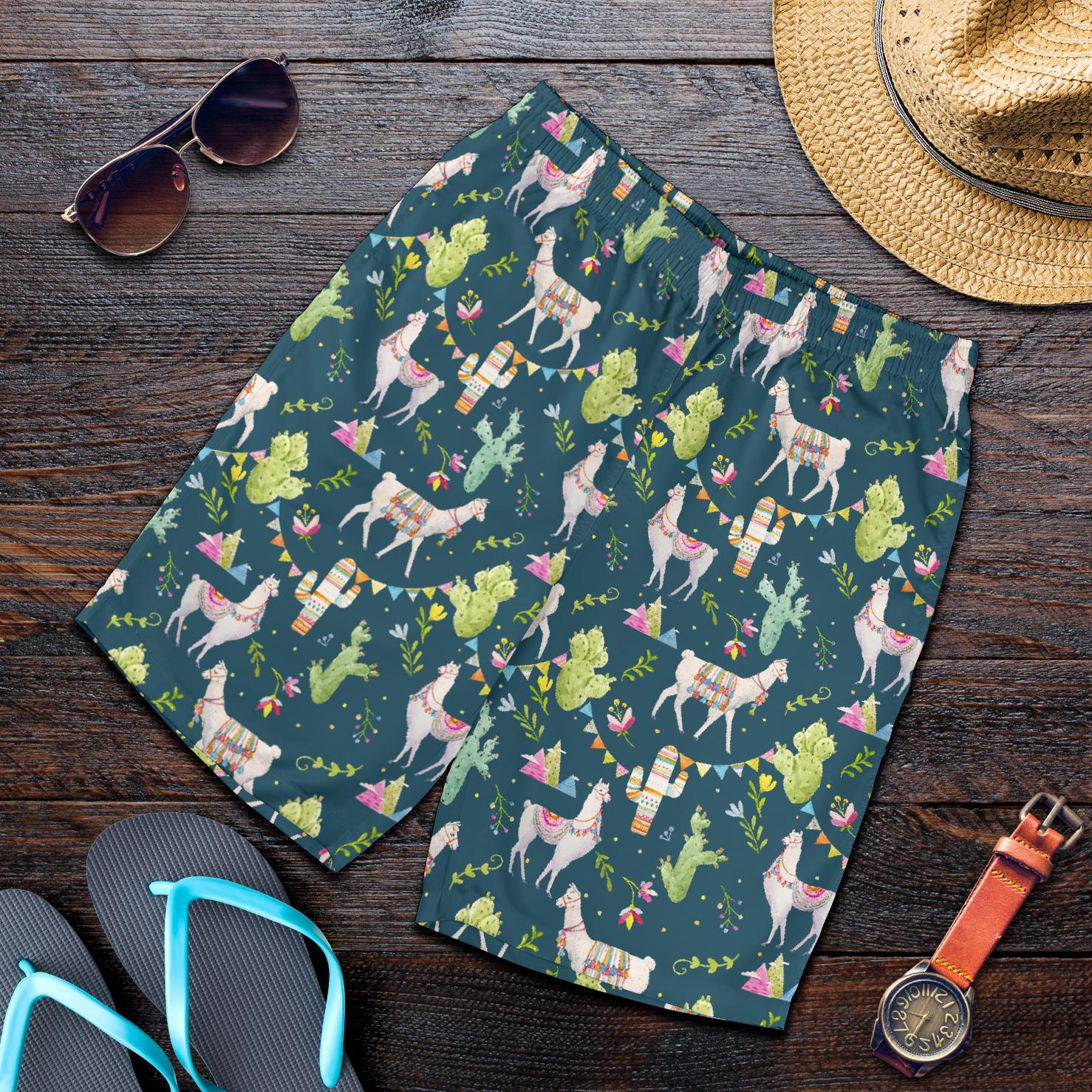 Llama with Cactus Design Print Mens Shorts-JTAMIGO.COM