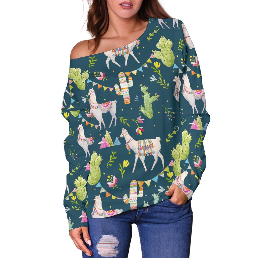 Llama with Cactus Design Print Off Shoulder Sweatshirt