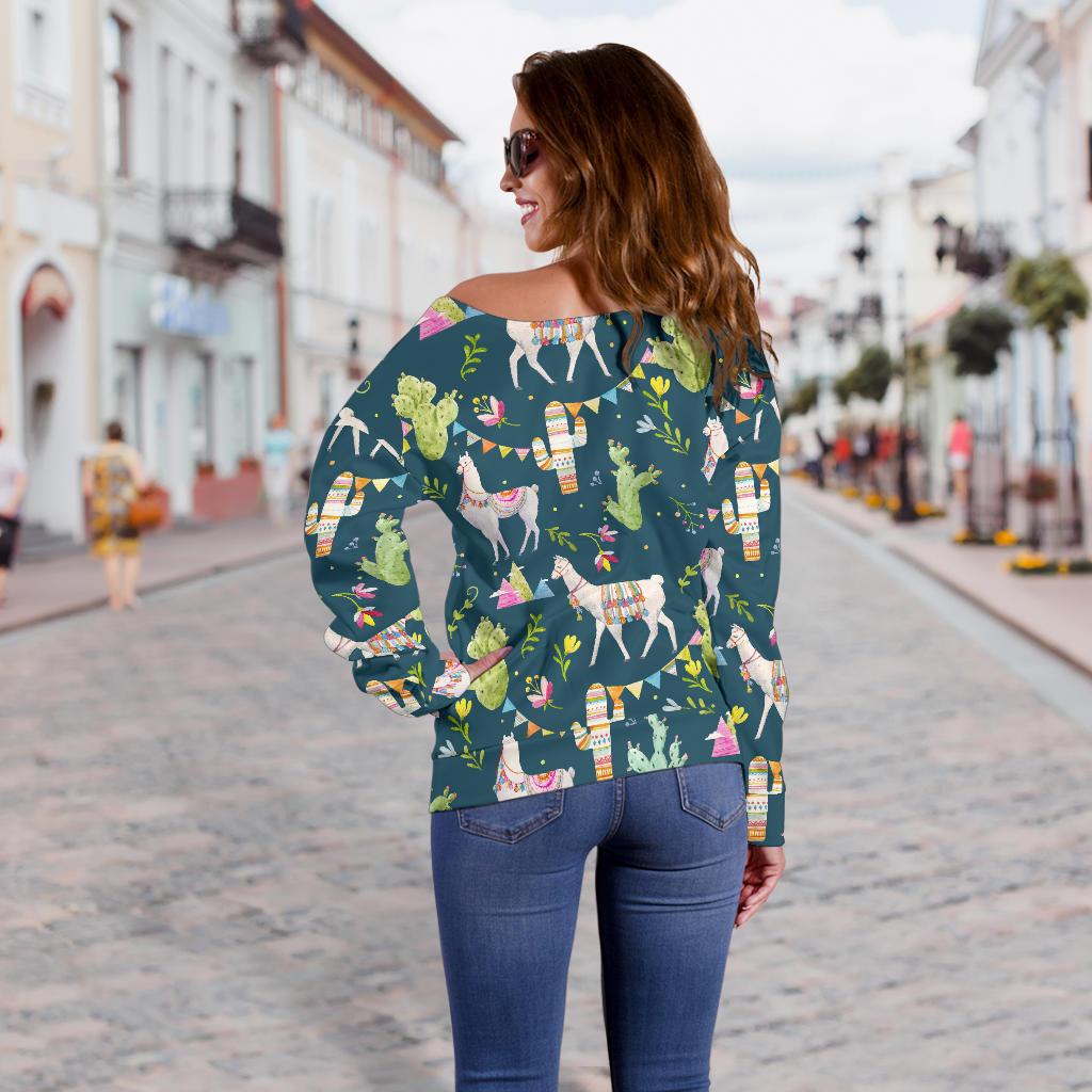 Llama with Cactus Design Print Off Shoulder Sweatshirt