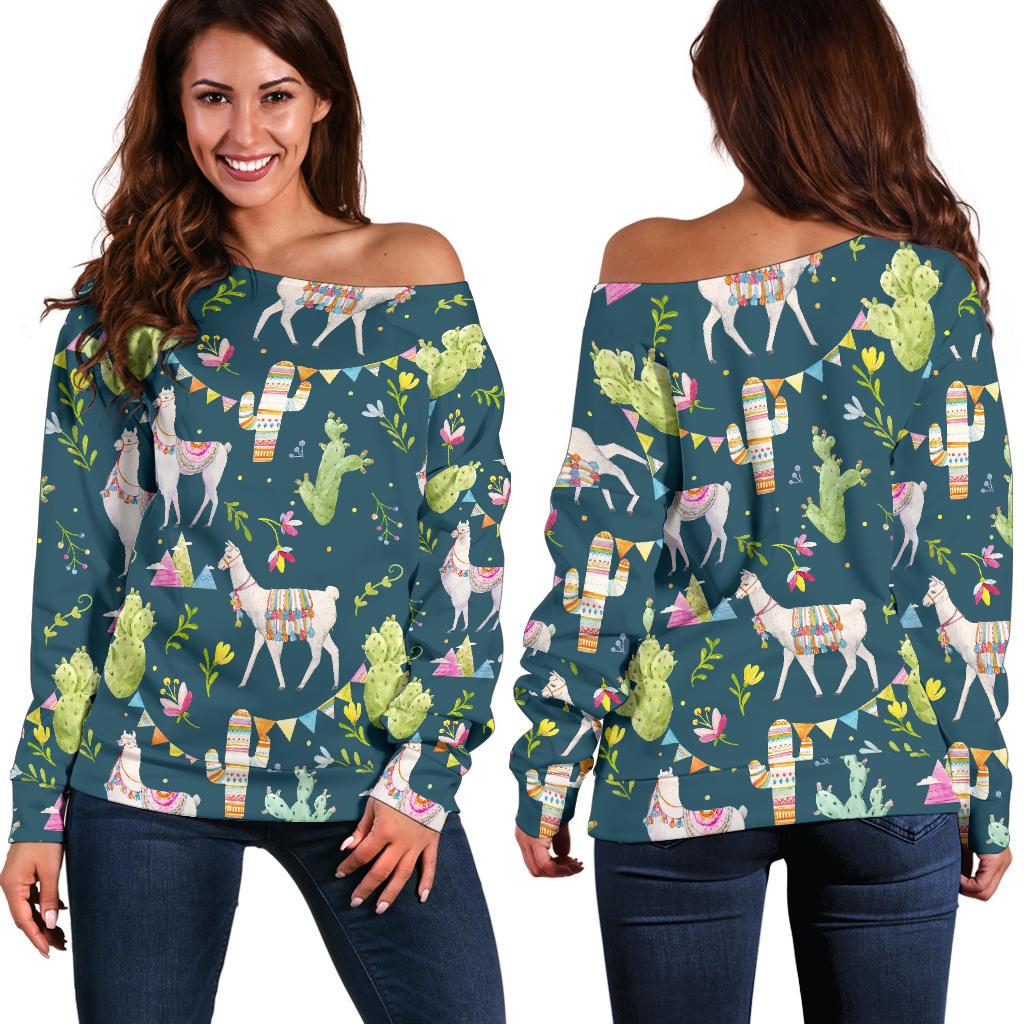 Llama with Cactus Design Print Off Shoulder Sweatshirt