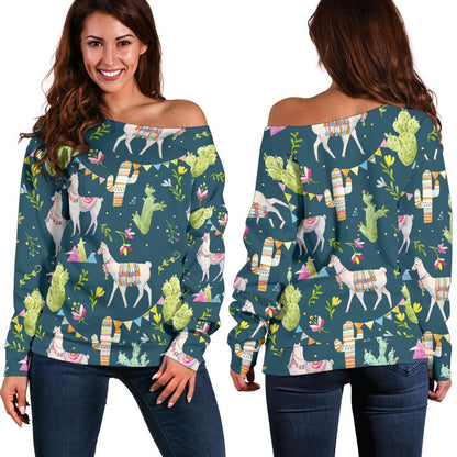 Llama with Cactus Design Print Off Shoulder Sweatshirt