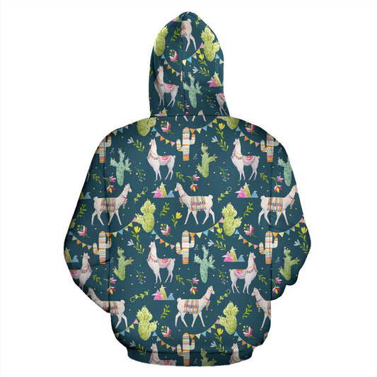 Llama with Cactus Design Print Pullover Hoodie