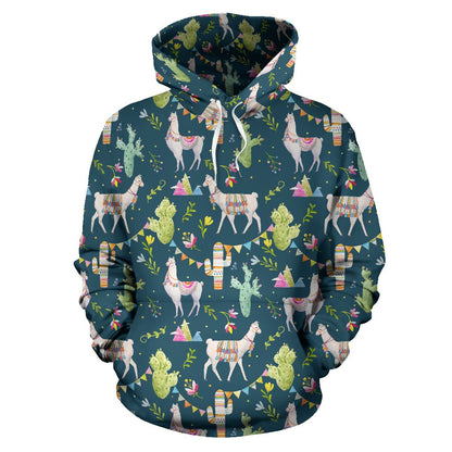 Llama with Cactus Design Print Pullover Hoodie