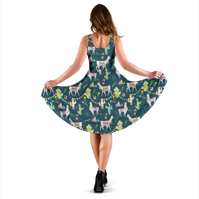 Llama with Cactus Design Print Sleeveless Dress