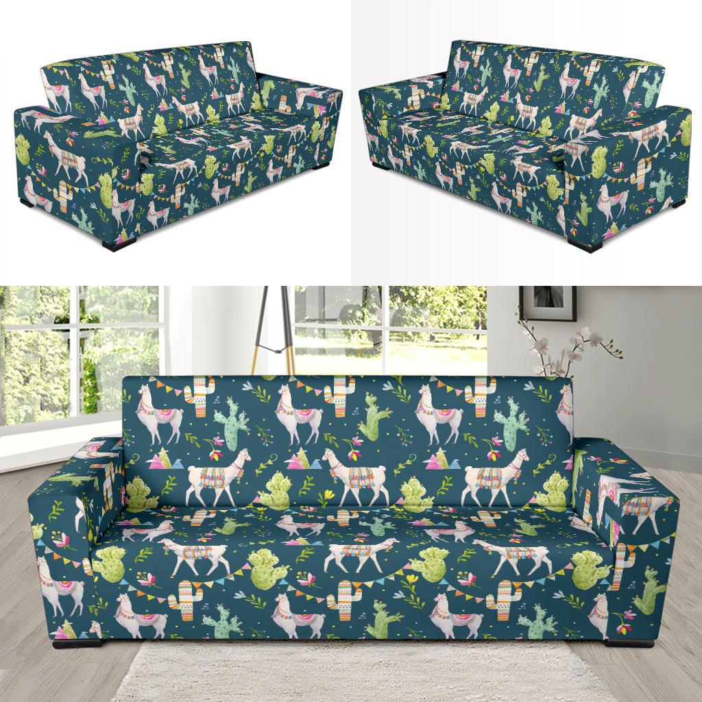 Llama with Cactus Design Print Sofa Slipcover-JTAMIGO.COM