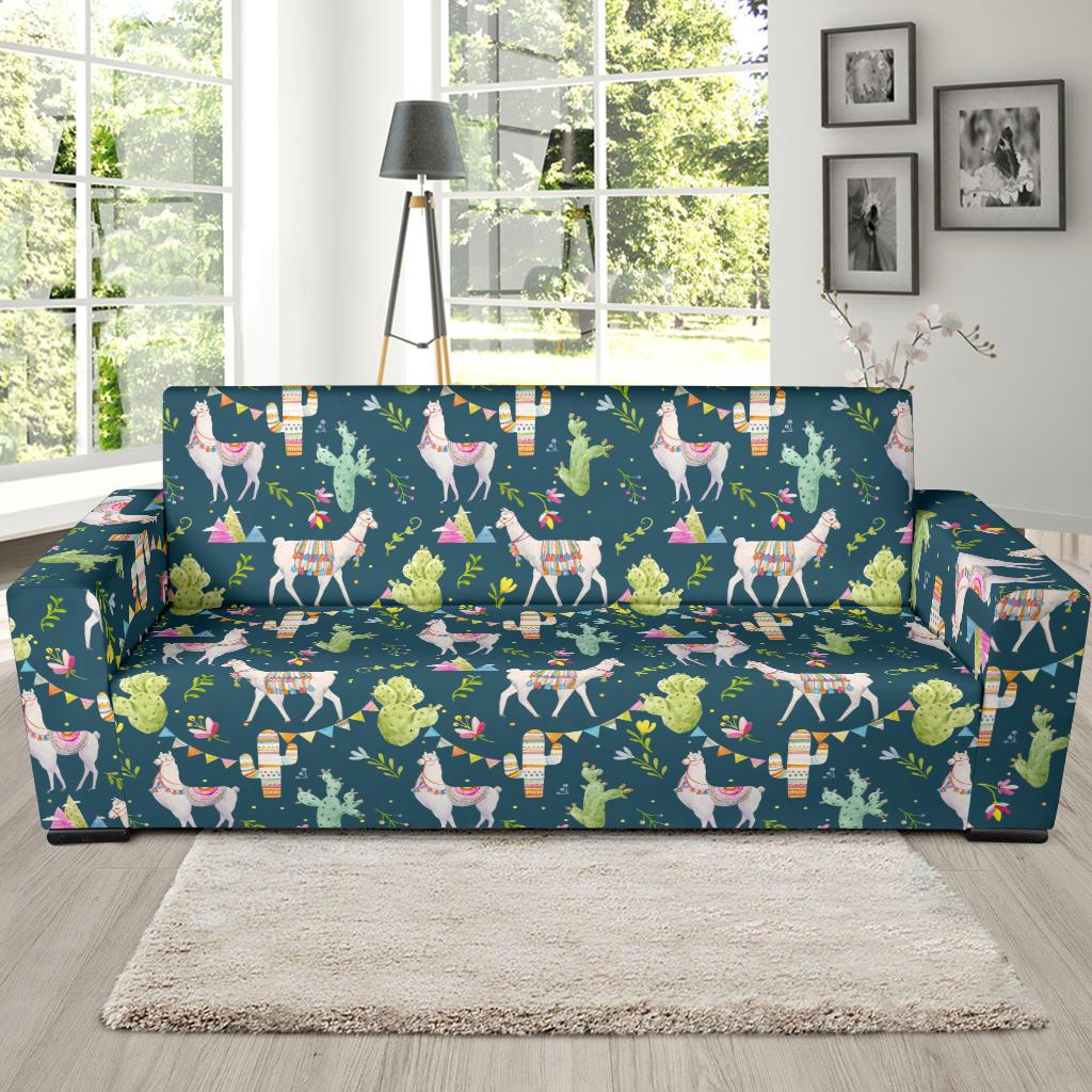 Llama with Cactus Design Print Sofa Slipcover-JTAMIGO.COM