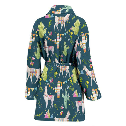 Llama with Cactus Design Print Women Bath Robe-JTAMIGO.COM