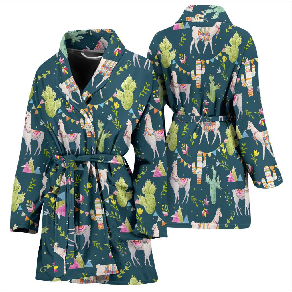 Llama with Cactus Design Print Women Bath Robe-JTAMIGO.COM