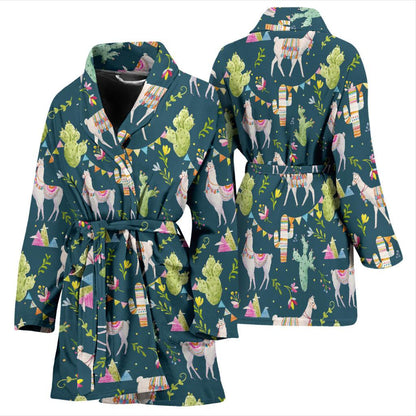 Llama with Cactus Design Print Women Bath Robe-JTAMIGO.COM