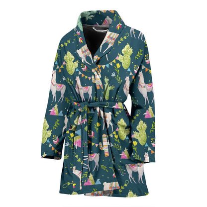Llama with Cactus Design Print Women Bath Robe-JTAMIGO.COM