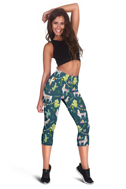 Llama with Cactus Design Print Women Capris