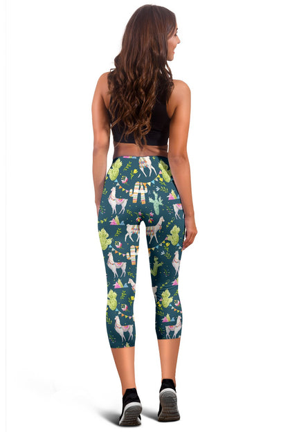 Llama with Cactus Design Print Women Capris
