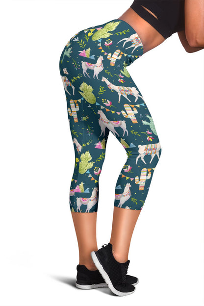 Llama with Cactus Design Print Women Capris