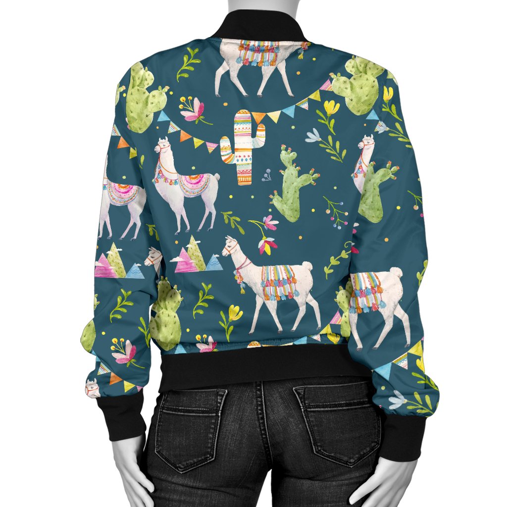 Llama With Cactus Design Print Women Casual Bomber Jacket