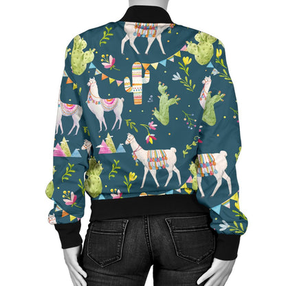 Llama With Cactus Design Print Women Casual Bomber Jacket