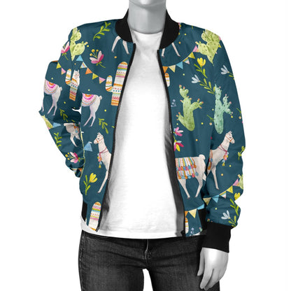 Llama With Cactus Design Print Women Casual Bomber Jacket
