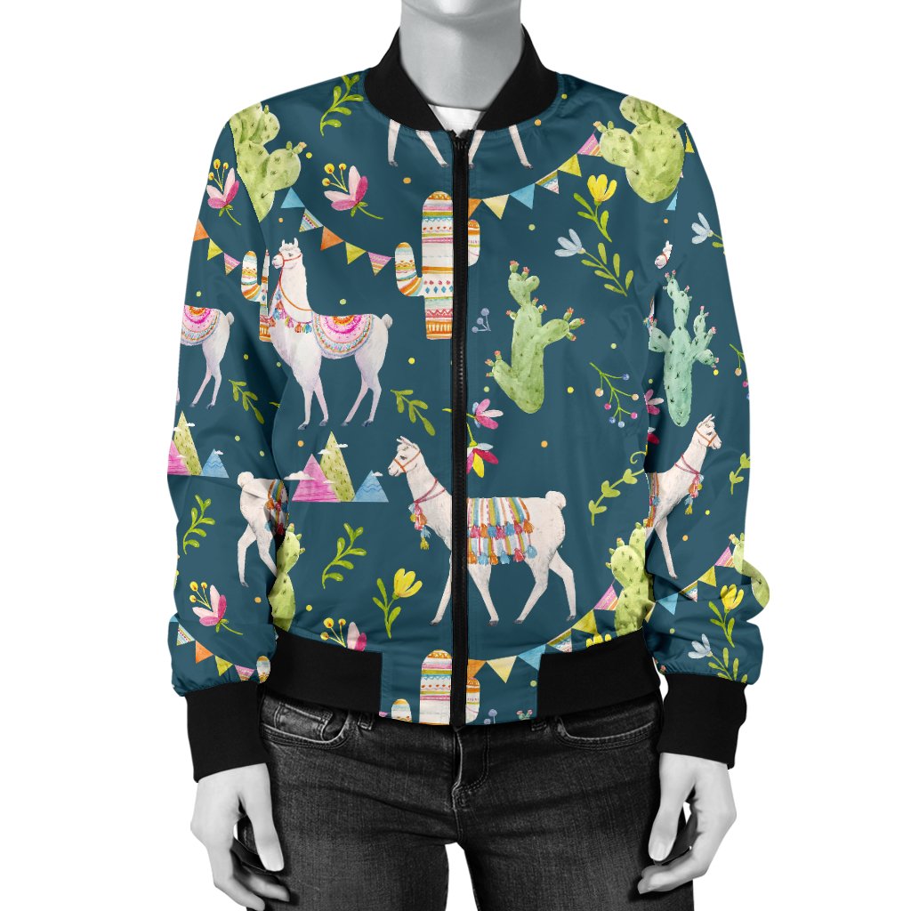 Llama With Cactus Design Print Women Casual Bomber Jacket