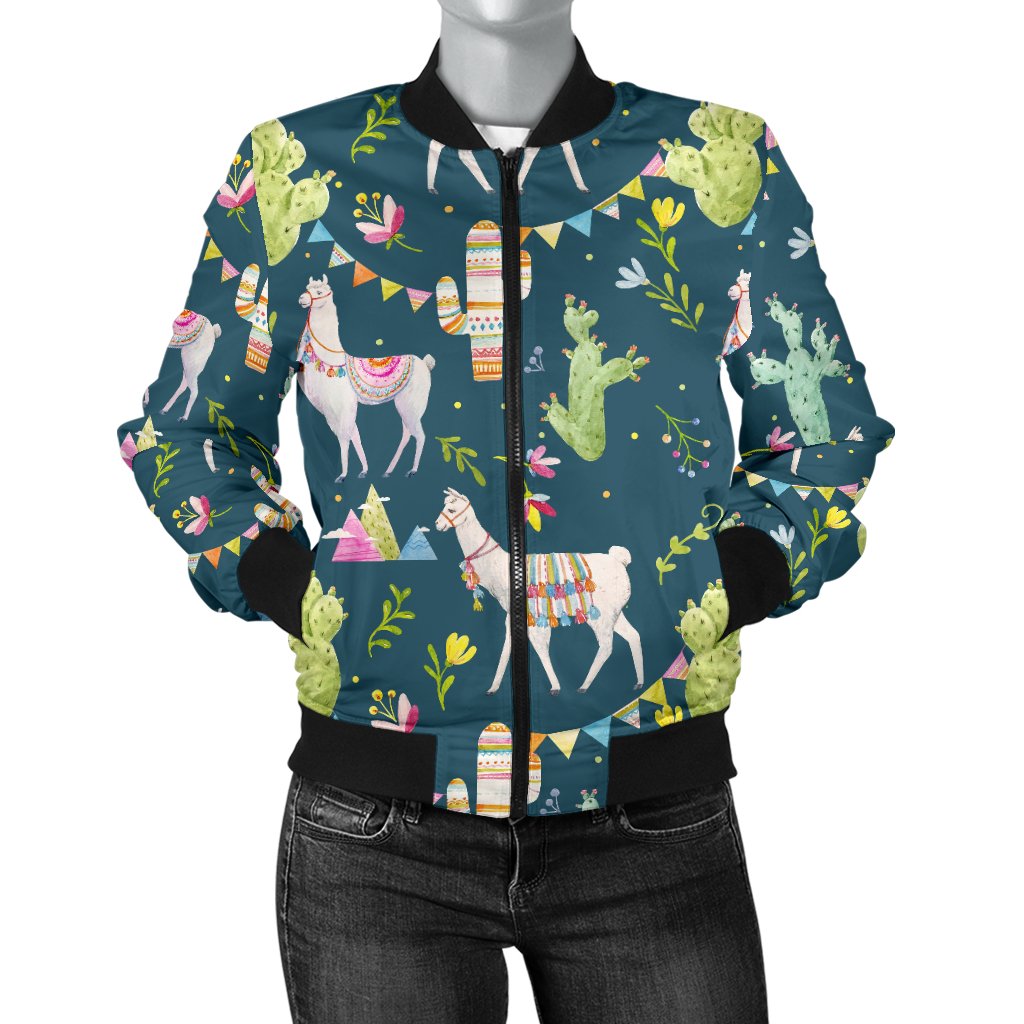 Llama With Cactus Design Print Women Casual Bomber Jacket
