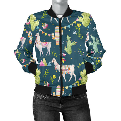 Llama With Cactus Design Print Women Casual Bomber Jacket