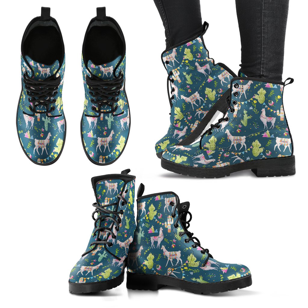 Llama with Cactus Design Print Women Leather Boots-JTAMIGO.COM