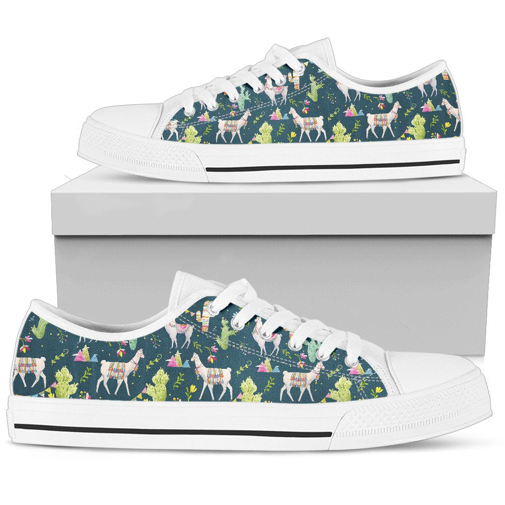 Llama with Cactus Design Print Women Low Top Shoes