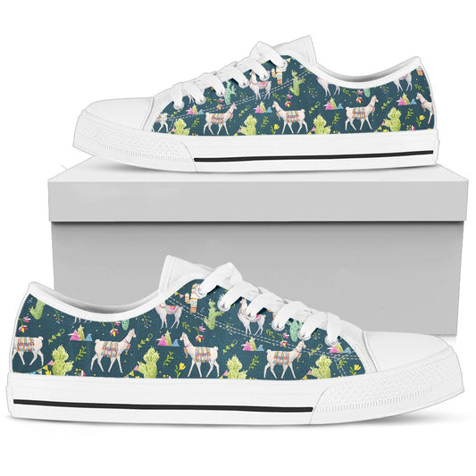 Llama with Cactus Design Print Women Low Top Shoes