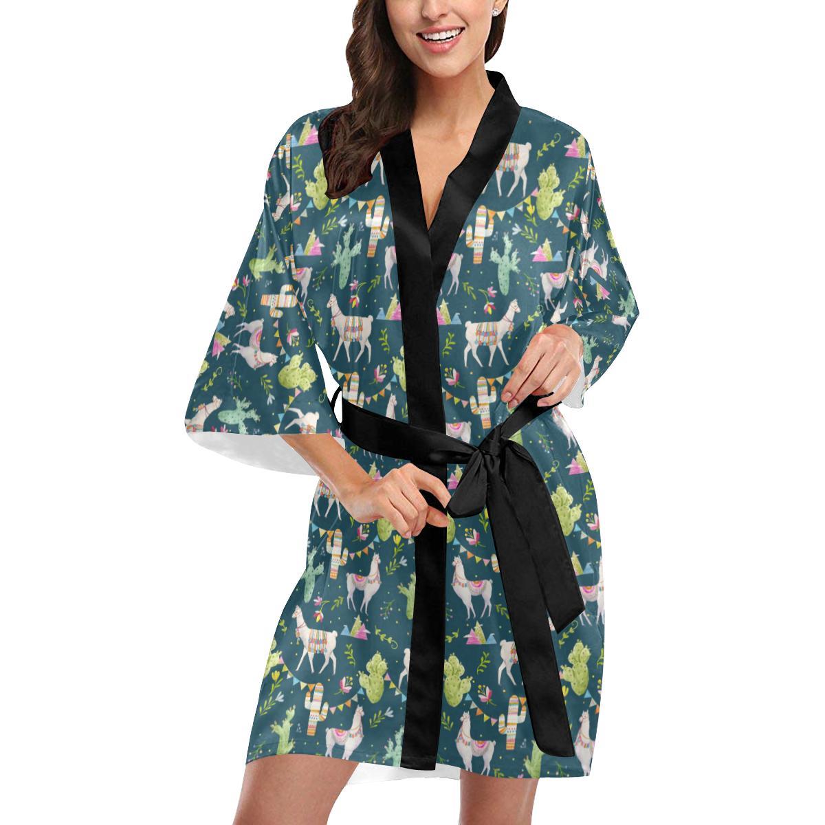 Llama with Cactus Design Print Women Short Kimono Robe