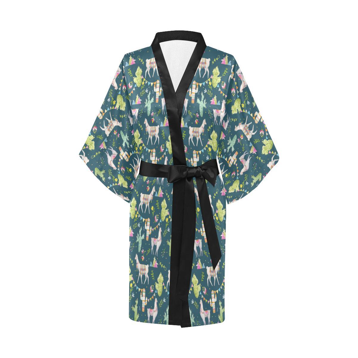 Llama with Cactus Design Print Women Short Kimono Robe