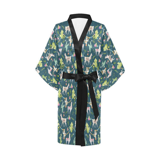 Llama with Cactus Design Print Women Short Kimono Robe