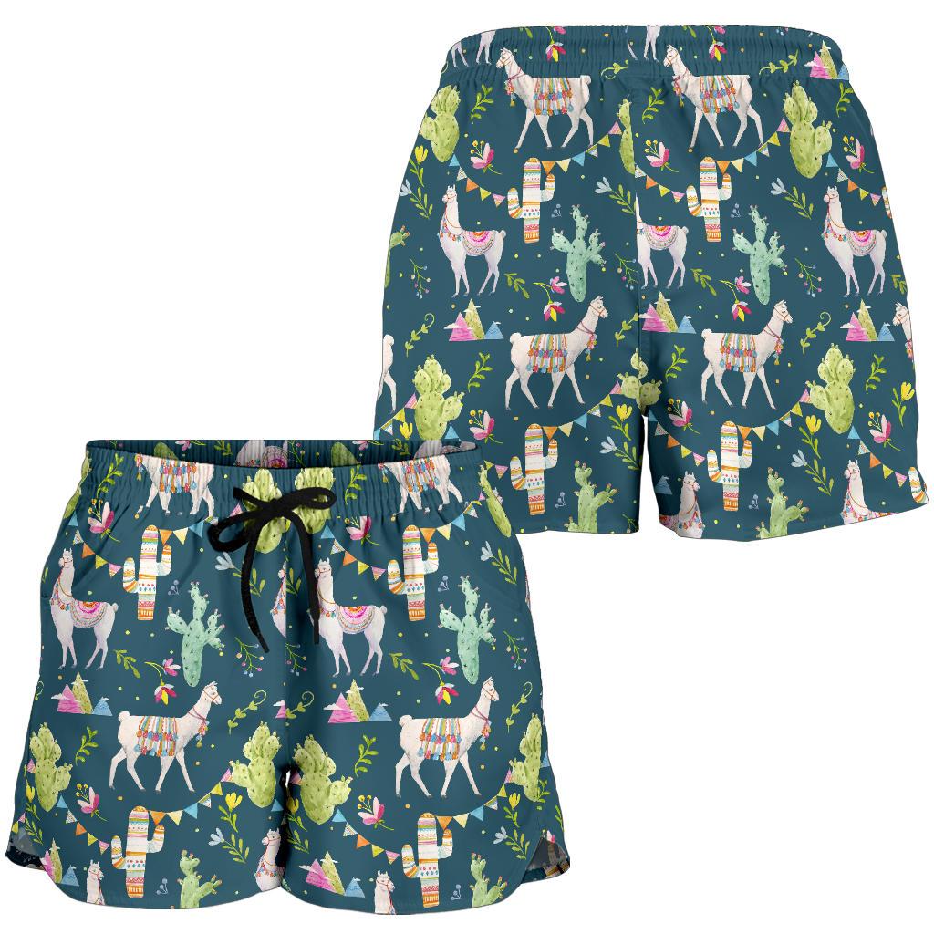 Llama with Cactus Design Print Women Shorts-JTAMIGO.COM