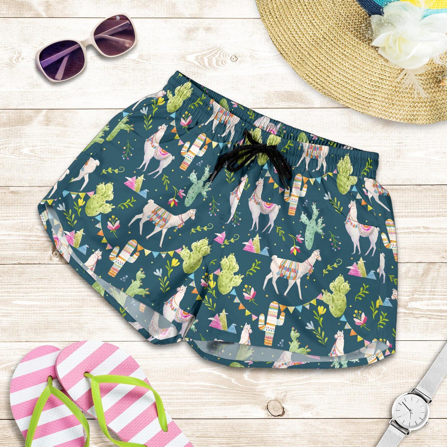 Llama with Cactus Design Print Women Shorts-JTAMIGO.COM