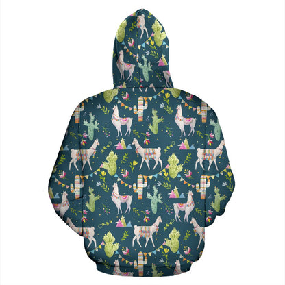 Llama with Cactus Design Print Zip Up Hoodie
