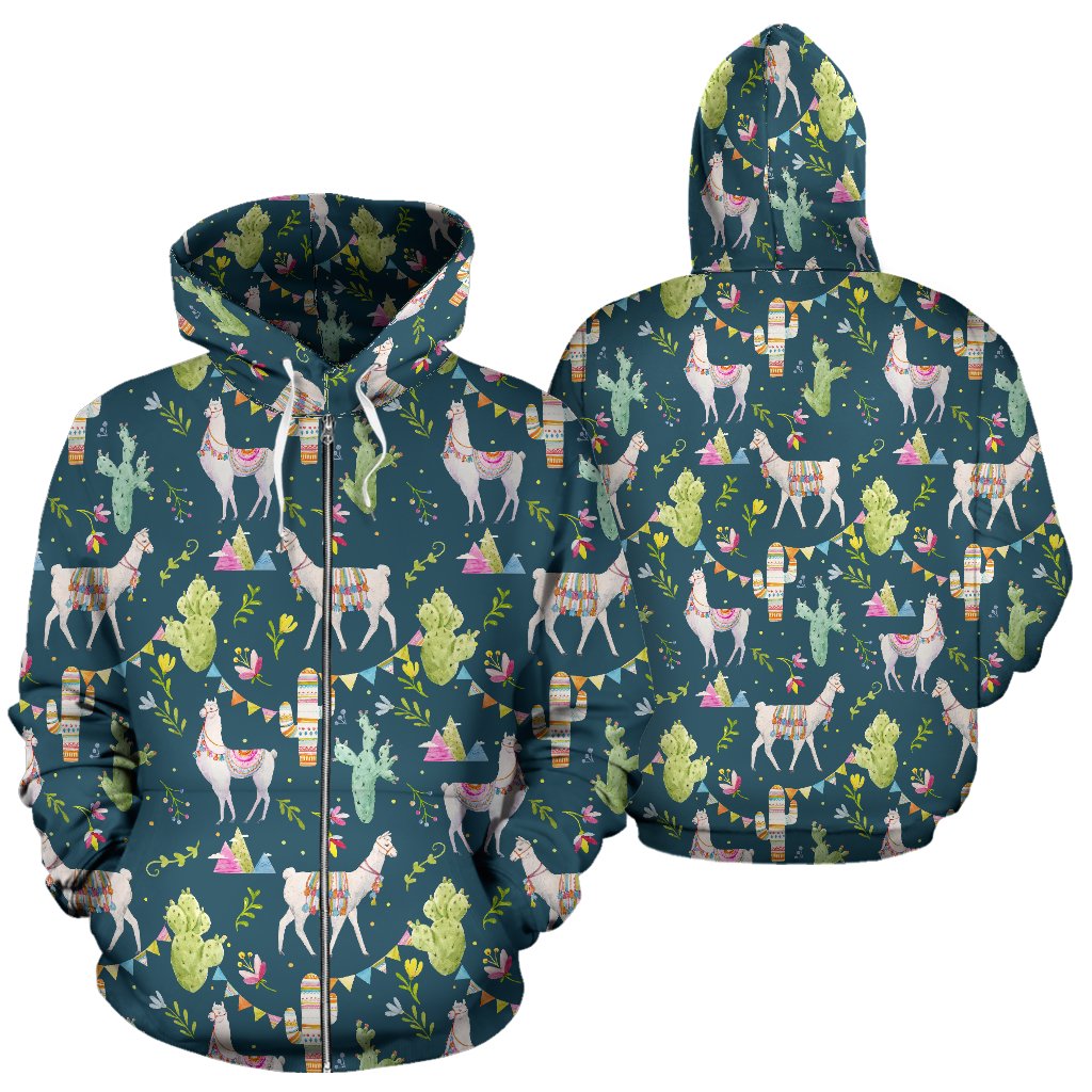 Llama with Cactus Design Print Zip Up Hoodie