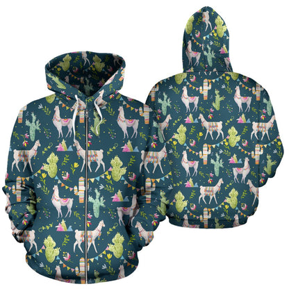 Llama with Cactus Design Print Zip Up Hoodie