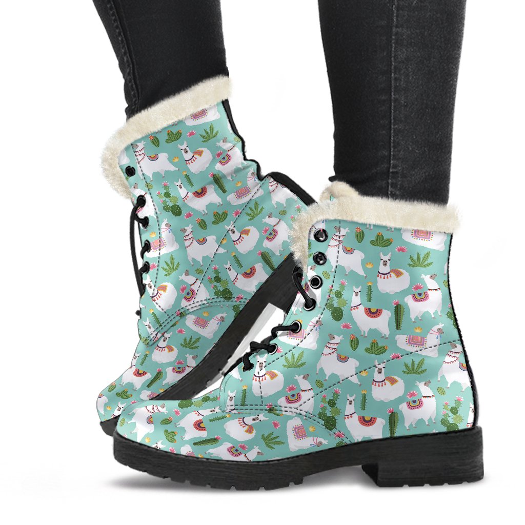 Llama with Cactus Themed Print Faux Fur Leather Boots-JTAMIGO.COM