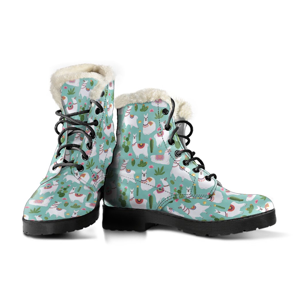 Llama with Cactus Themed Print Faux Fur Leather Boots-JTAMIGO.COM