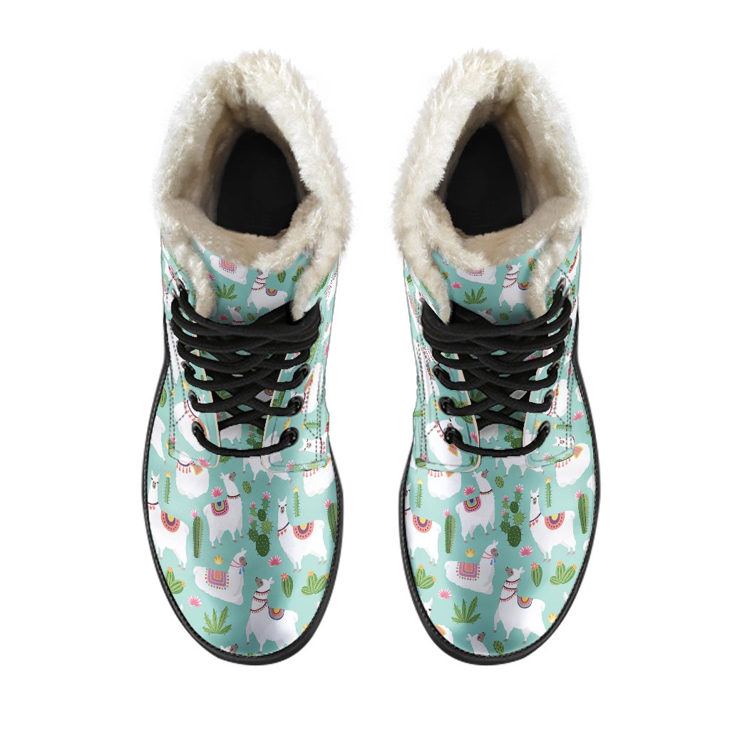 Llama with Cactus Themed Print Faux Fur Leather Boots-JTAMIGO.COM