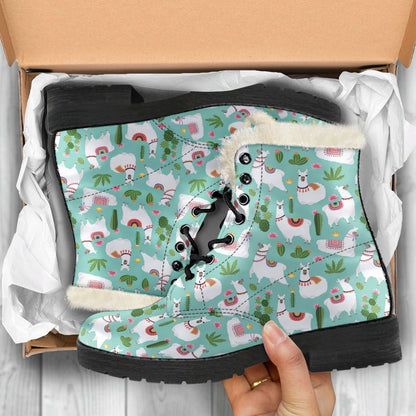 Llama with Cactus Themed Print Faux Fur Leather Boots-JTAMIGO.COM