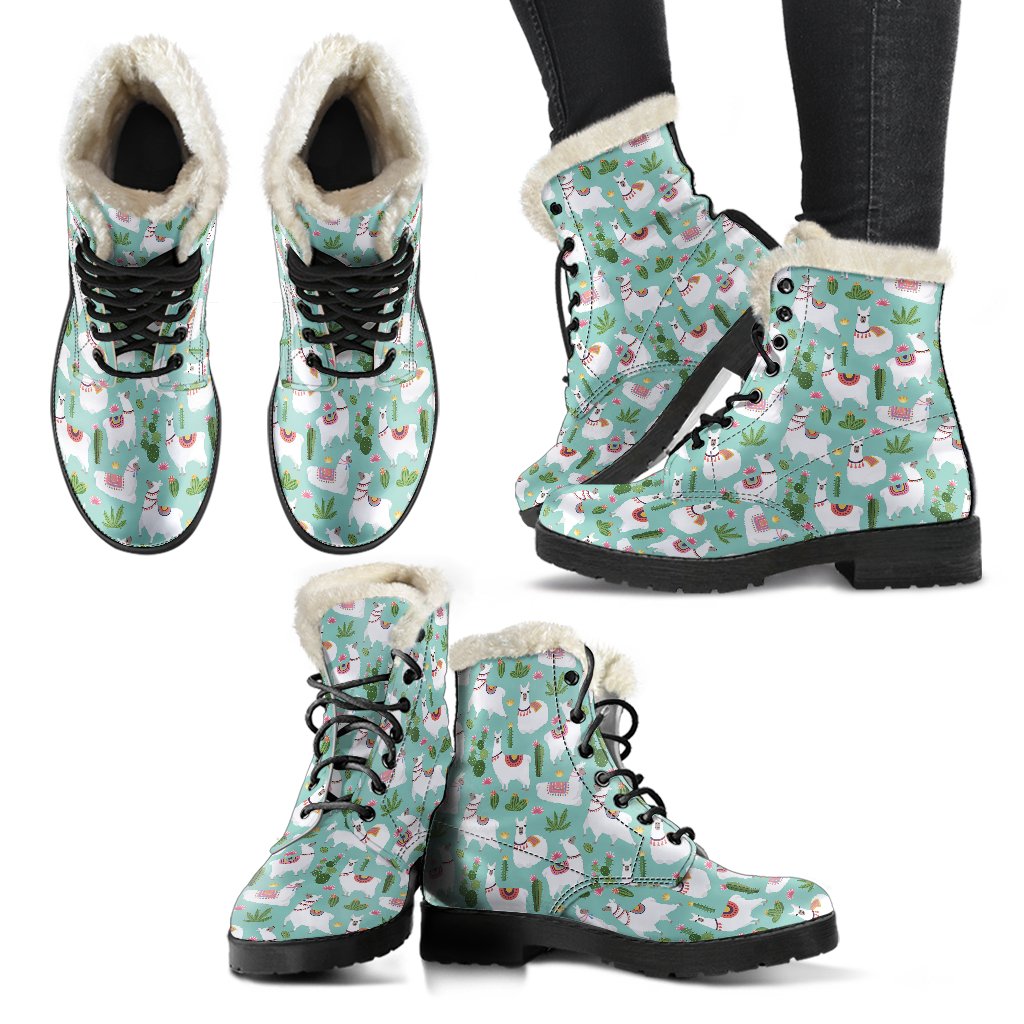 Llama with Cactus Themed Print Faux Fur Leather Boots-JTAMIGO.COM