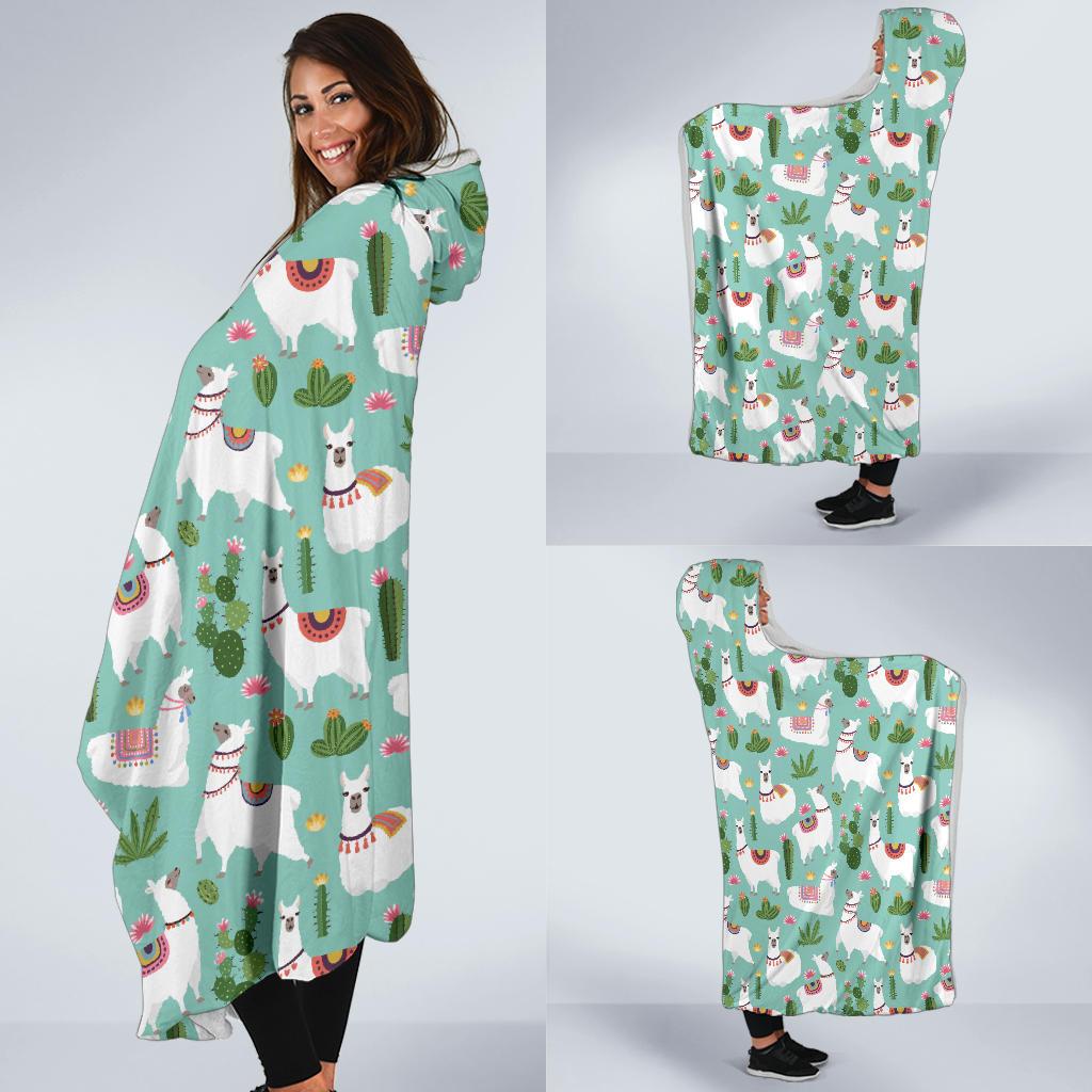 Llama with Cactus Themed Print Hooded Blanket-JTAMIGO.COM