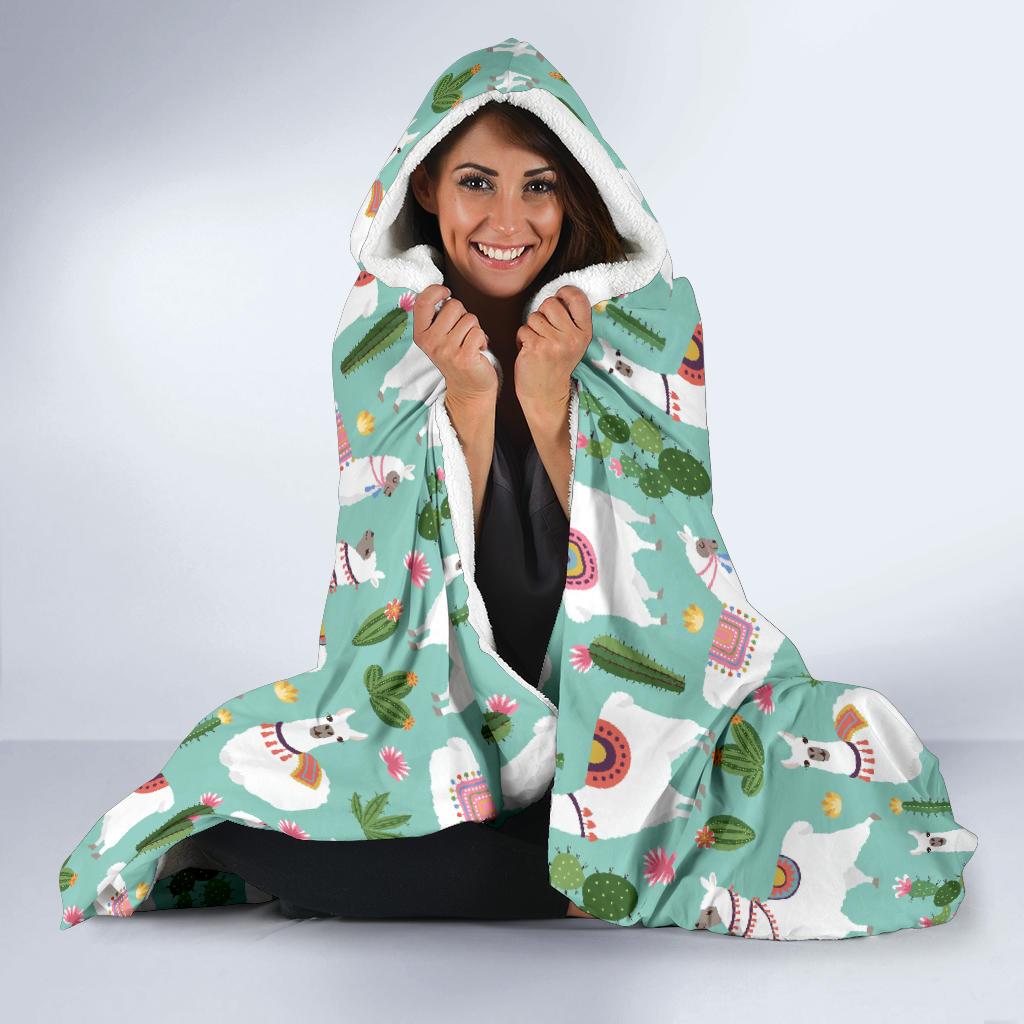 Llama with Cactus Themed Print Hooded Blanket-JTAMIGO.COM