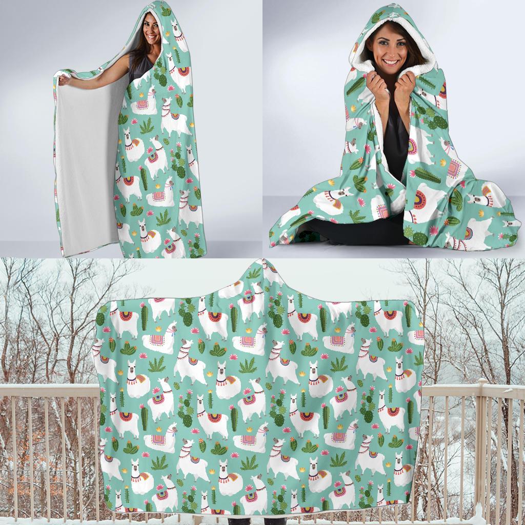Llama with Cactus Themed Print Hooded Blanket-JTAMIGO.COM