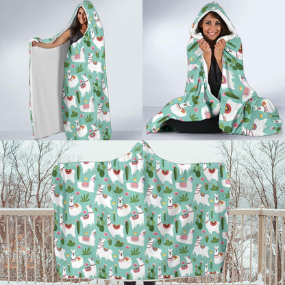 Llama with Cactus Themed Print Hooded Blanket-JTAMIGO.COM
