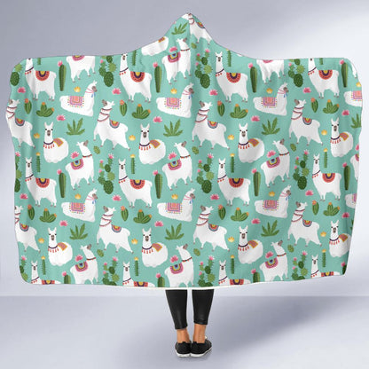 Llama with Cactus Themed Print Hooded Blanket-JTAMIGO.COM