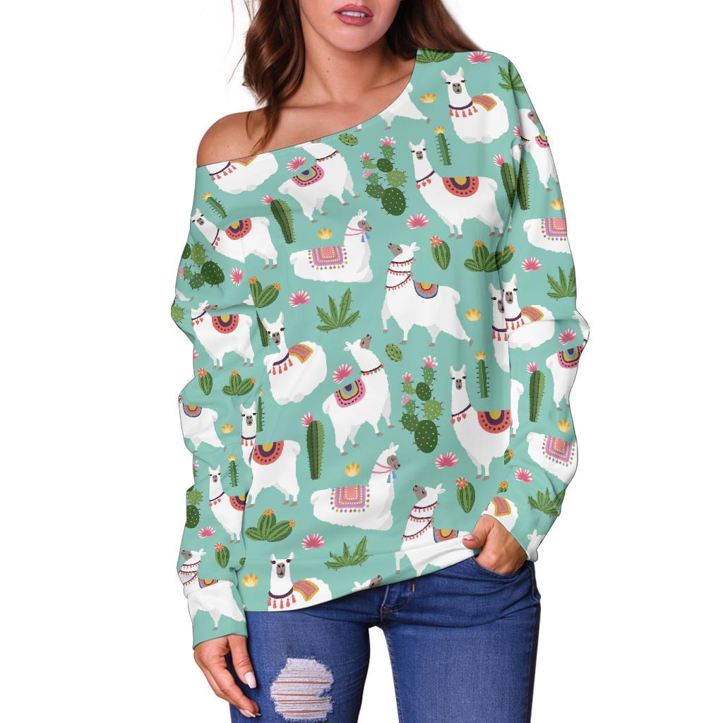 Llama with Cactus Themed Print Off Shoulder Sweatshirt