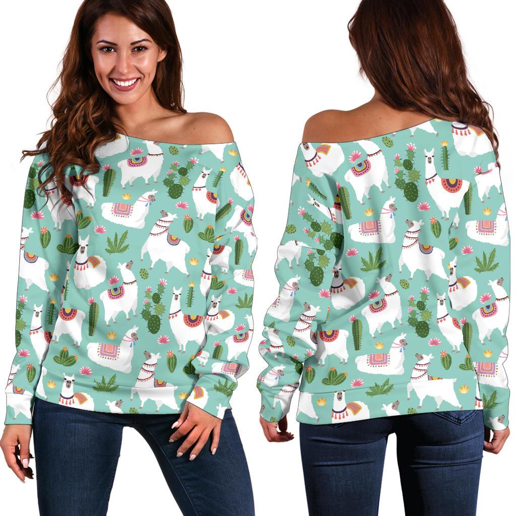Llama with Cactus Themed Print Off Shoulder Sweatshirt