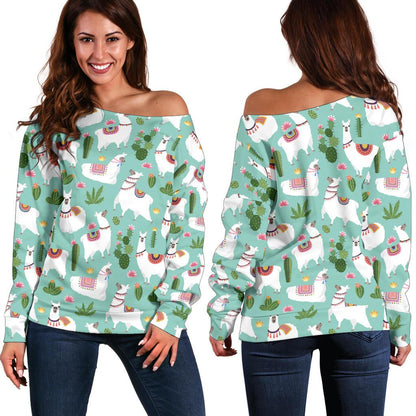 Llama with Cactus Themed Print Off Shoulder Sweatshirt