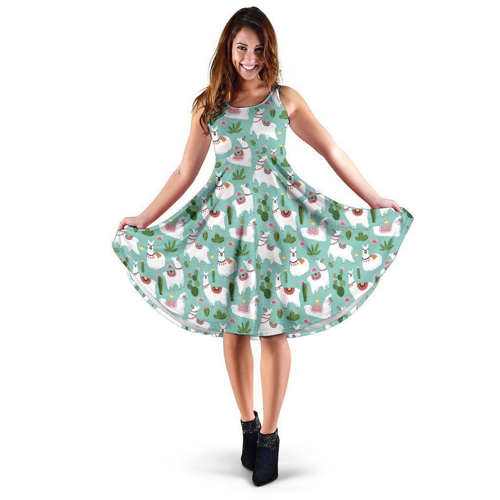 Llama with Cactus Themed Print Sleeveless Dress